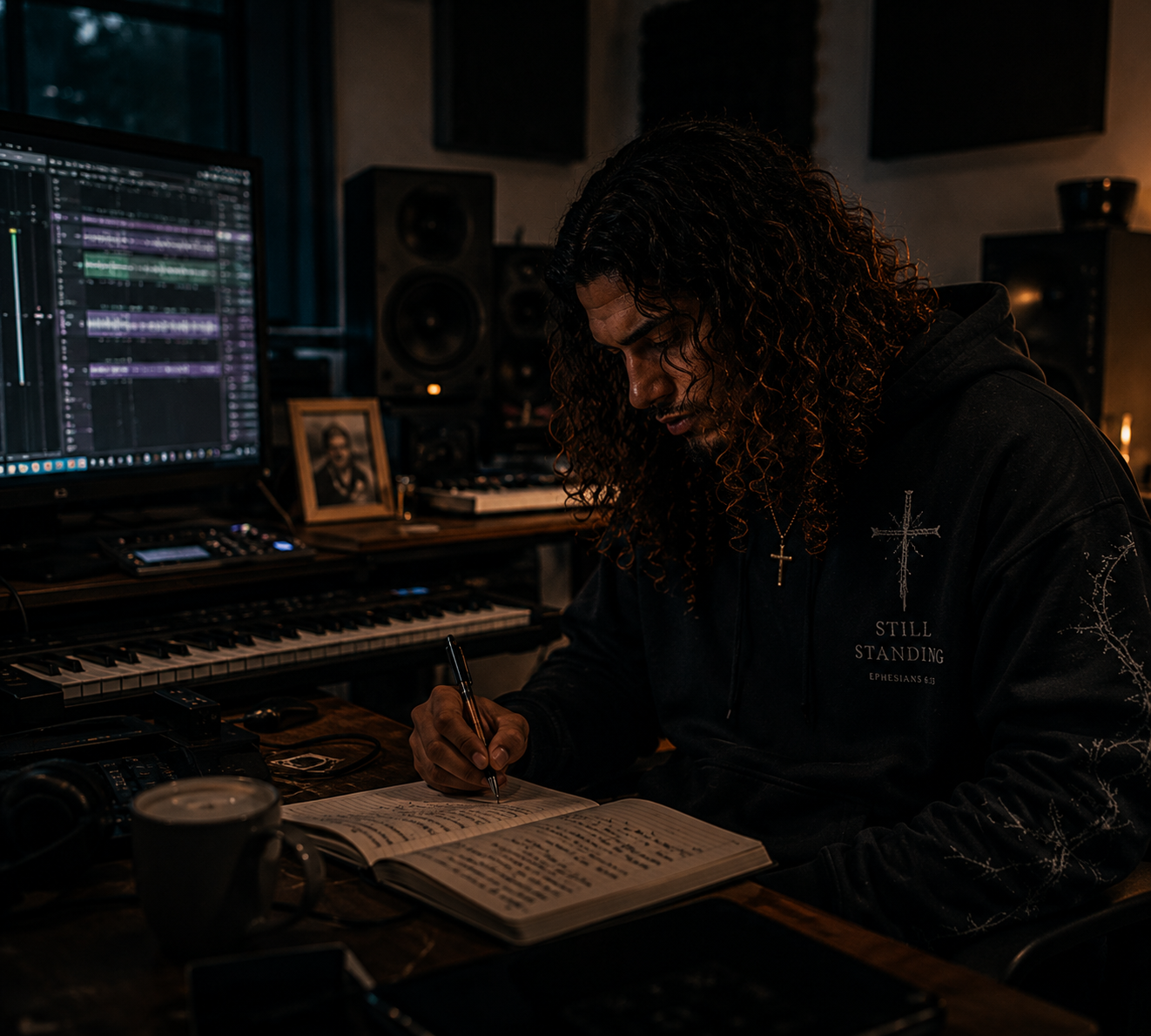 Ashan Levi writing lyrics in a dark studio
