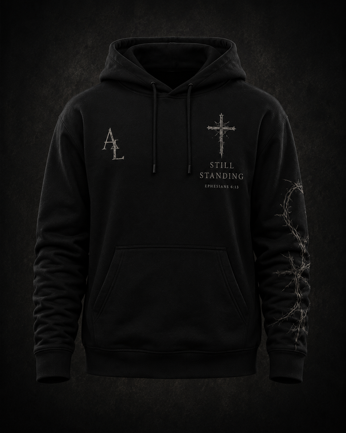 Still Standing black hoodie, front view